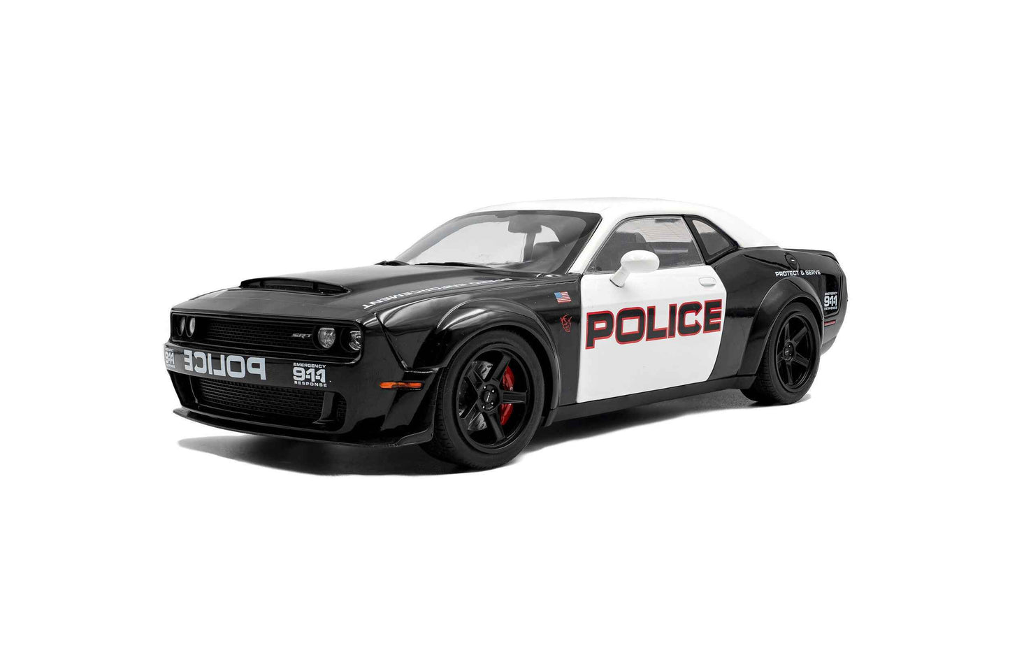 Black-and-white police die-cast car model, front three-quarter view