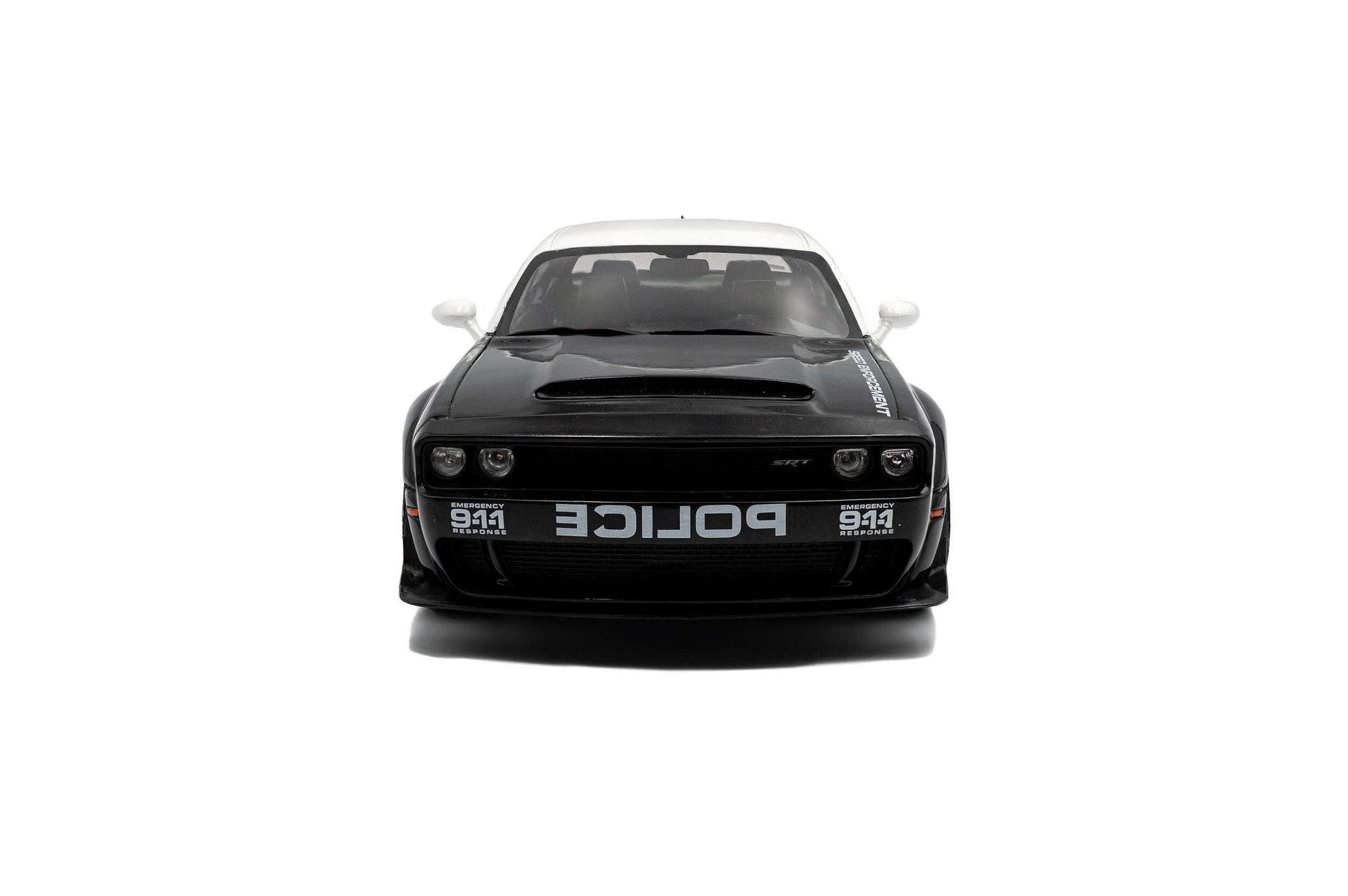 Black police die-cast car model, front view with grille and POLICE markings