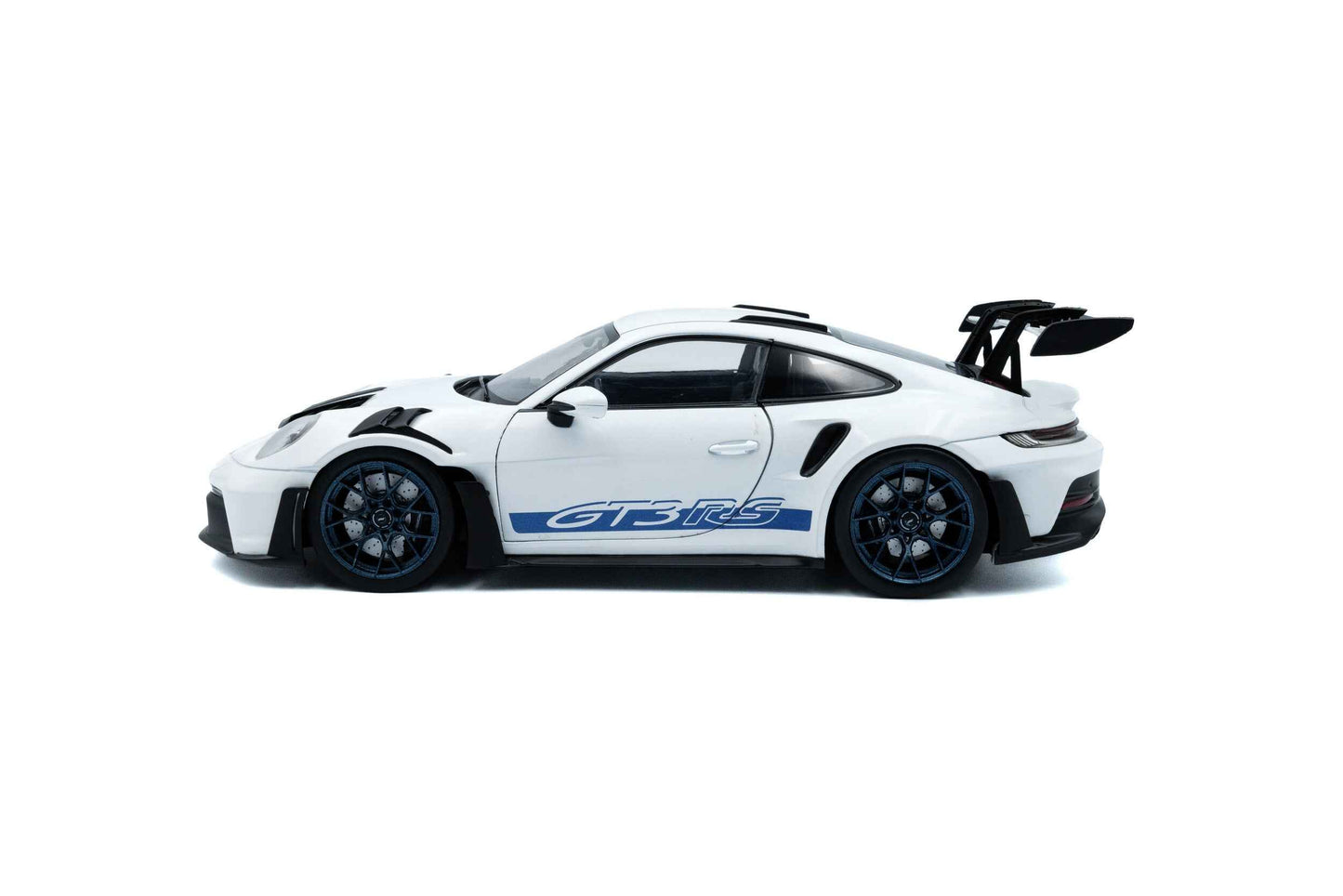White 1:18 Porsche GT3 RS die-cast with blue GT3 RS decals, side profile