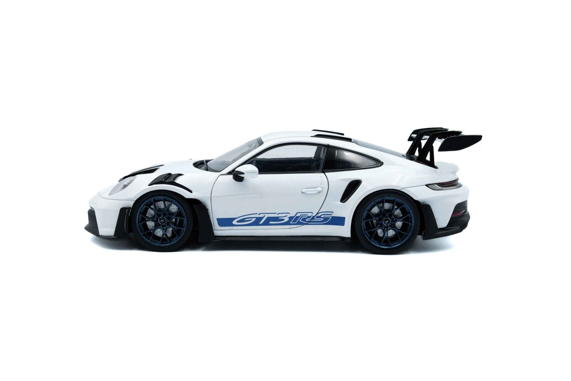 White 1:18 Porsche GT3 RS die-cast with blue GT3 RS decals, side profile