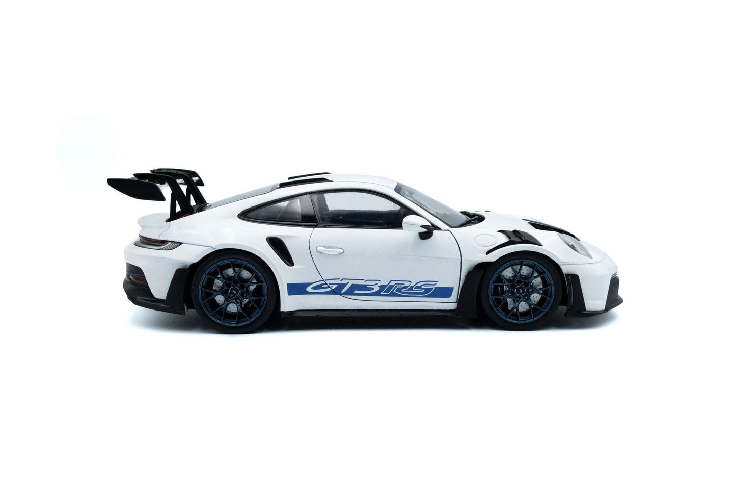 White 1:18 Porsche GT3 RS die-cast with blue side stripe, front 3/4 side view