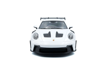 White 1:18 Porsche GT3 RS die-cast front view with black hood vents and round headlights