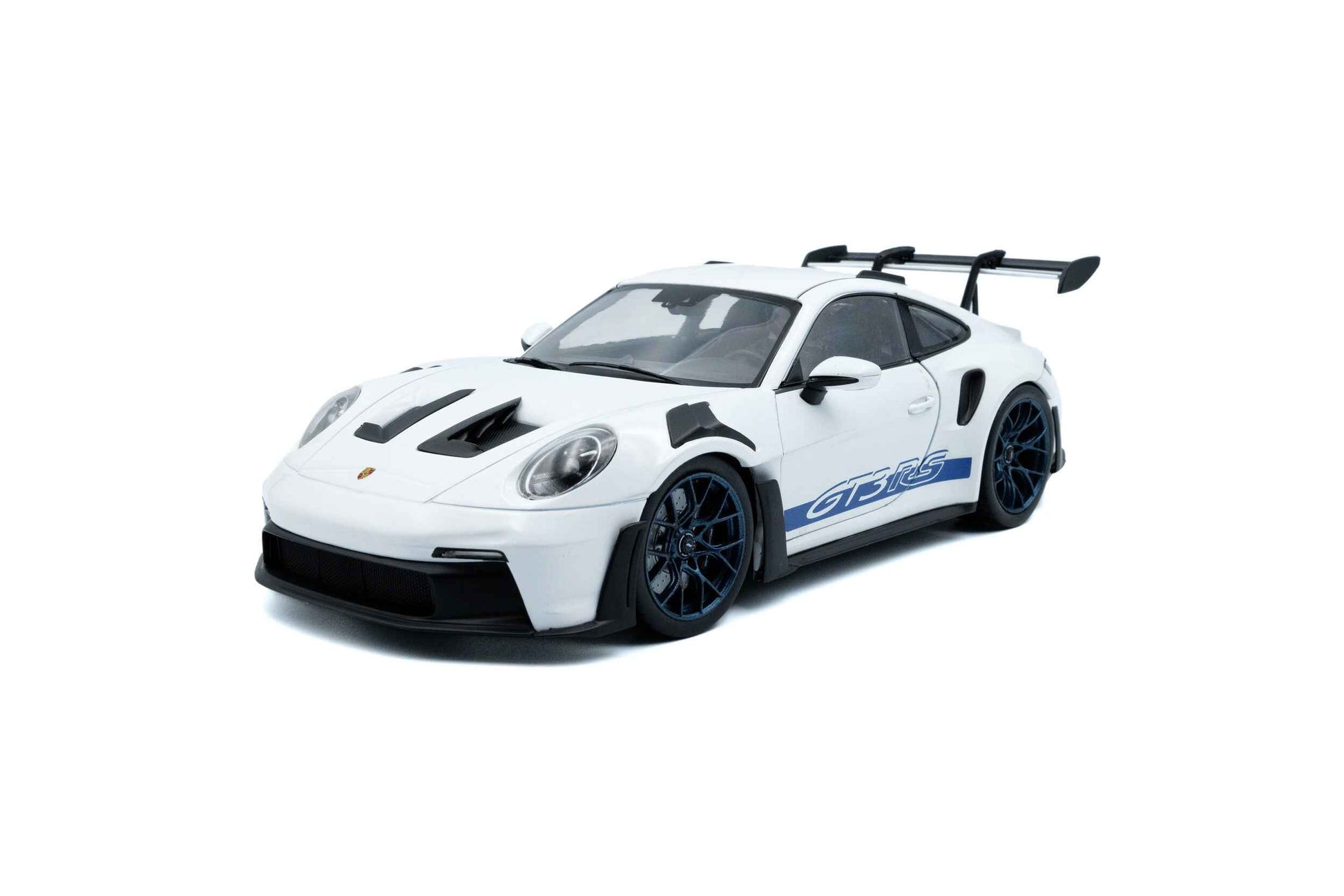White 1:18 Porsche GT3 RS die-cast with blue side stripe and dark wheels, front 3/4 view