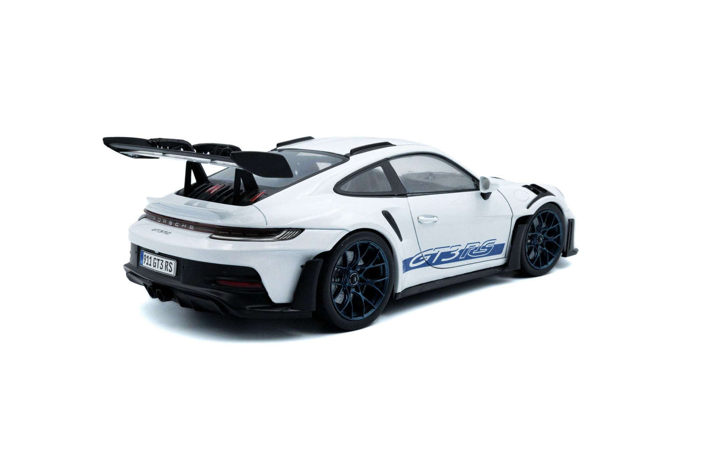 White 1:18 Porsche GT3 RS die-cast rear 3/4 view, blue stripe and dark wheels