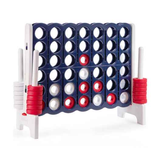 Jumbo 4-in-a-row game set with dark blue grid, red and white scoring discs