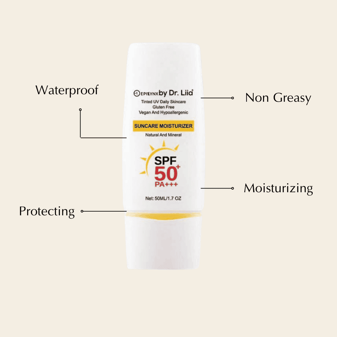 Mineral sunscreen moisturizer bottle with SPF 50 PA+++, waterproof and non-greasy text