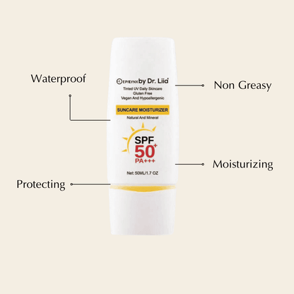 Mineral sunscreen moisturizer bottle with SPF 50 PA+++, waterproof and non-greasy text