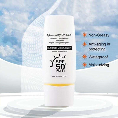 SPF 50 PA+++ mineral moisturizer bottle with non-greasy and waterproof icons