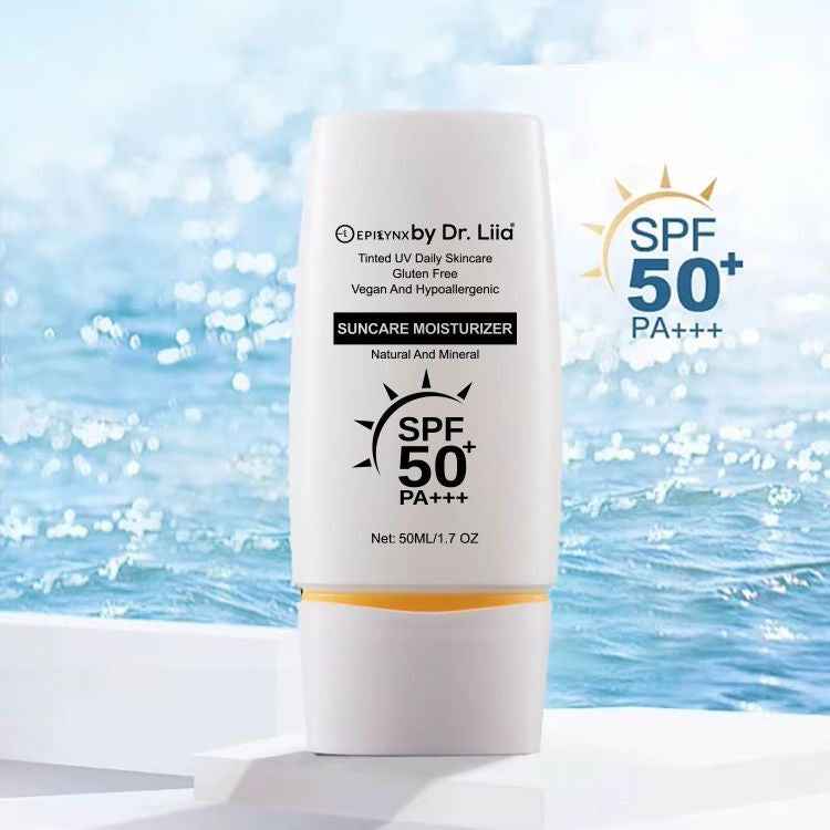 SPF 50 PA++++ moisturizer bottle with gold star graphic and Natural and Mineral label