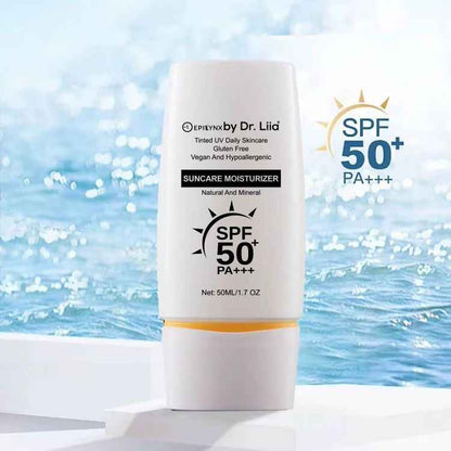 SPF 50 PA++++ moisturizer bottle with gold star graphic and Natural and Mineral label