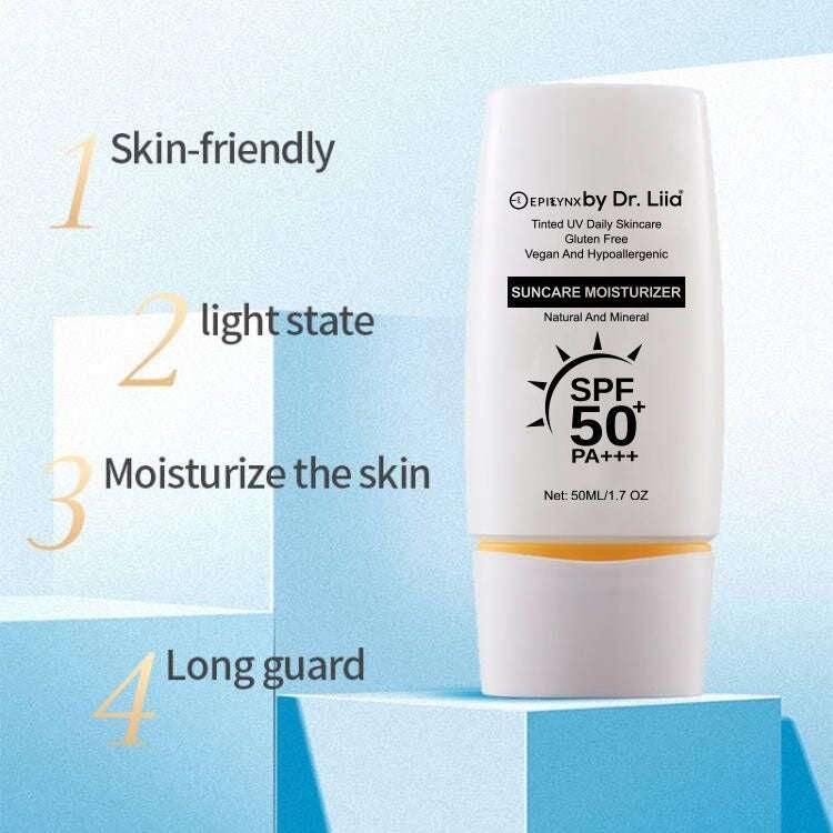 SPF 50 PA+++ moisturizer bottle next to skin-care step graphic