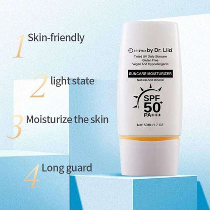 SPF 50 PA+++ moisturizer bottle next to skin-care step graphic