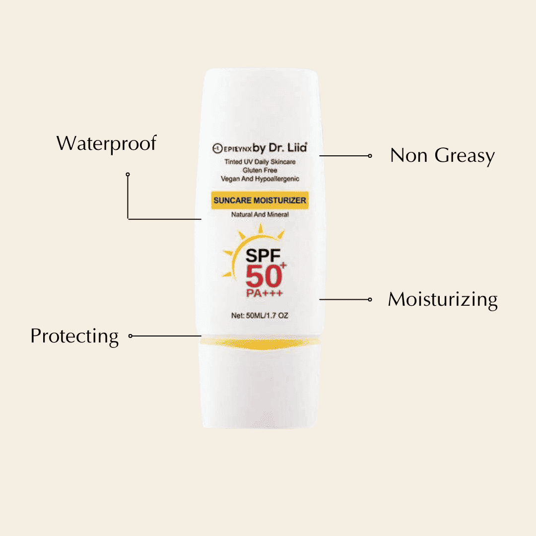 Mineral sunscreen moisturizer bottle with SPF 50 PA+++, waterproof and non-greasy text