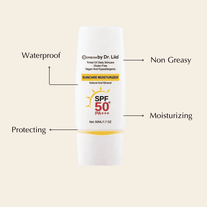 Mineral sunscreen moisturizer bottle with SPF 50 PA+++, waterproof and non-greasy text