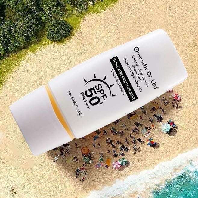Mineral sunscreen moisturizer bottle, white tube with SPF 50 PA+++ label