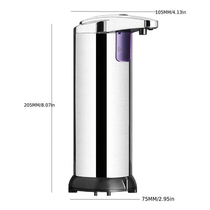 Stainless steel automatic soap dispenser with chrome top, black base, and purple reservoir window