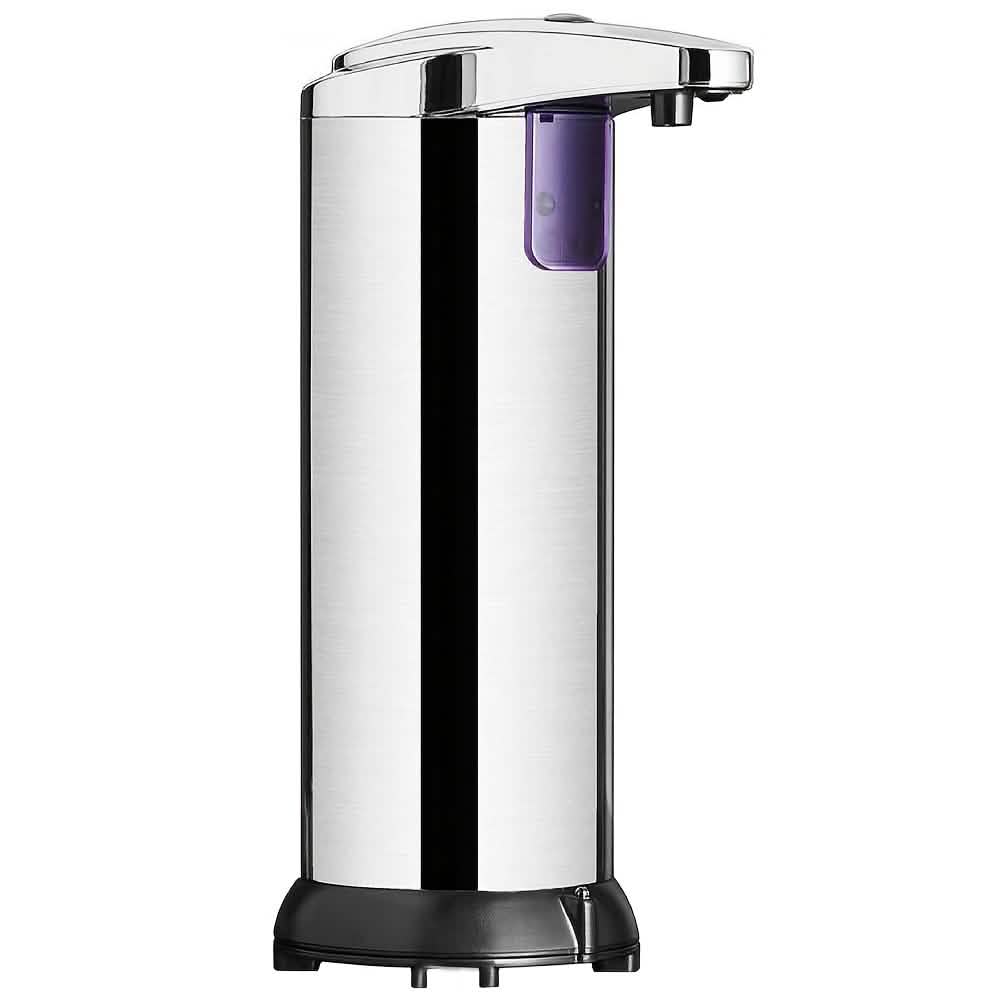 Chrome automatic soap dispenser with purple liquid cartridge window and black base
