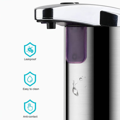 Stainless steel soap dispenser close-up with purple window, droplet-resistant front, and top pump