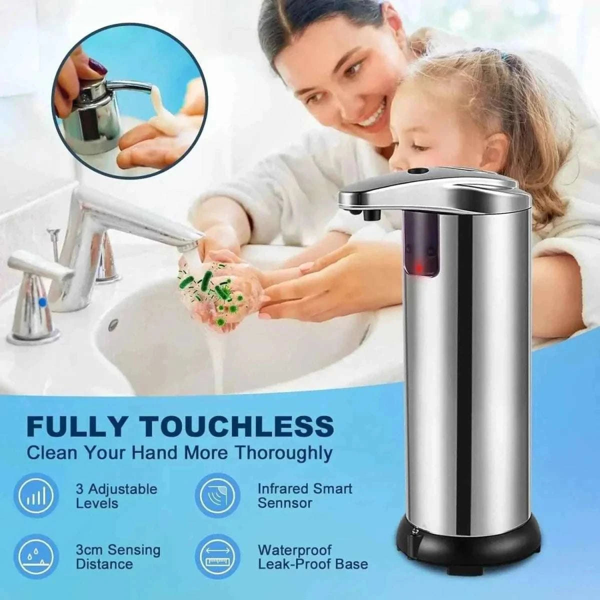 Automatic soap dispenser with chrome top mounted near sink, dispensing onto hands