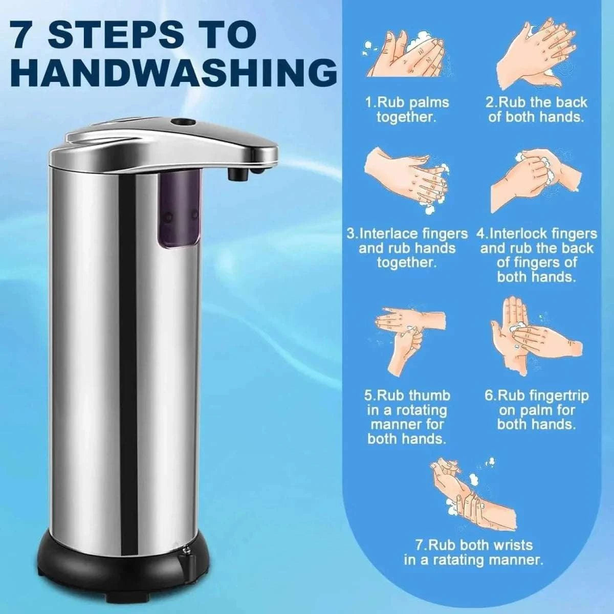Stainless steel touchless soap dispenser with black base and sensor nozzle