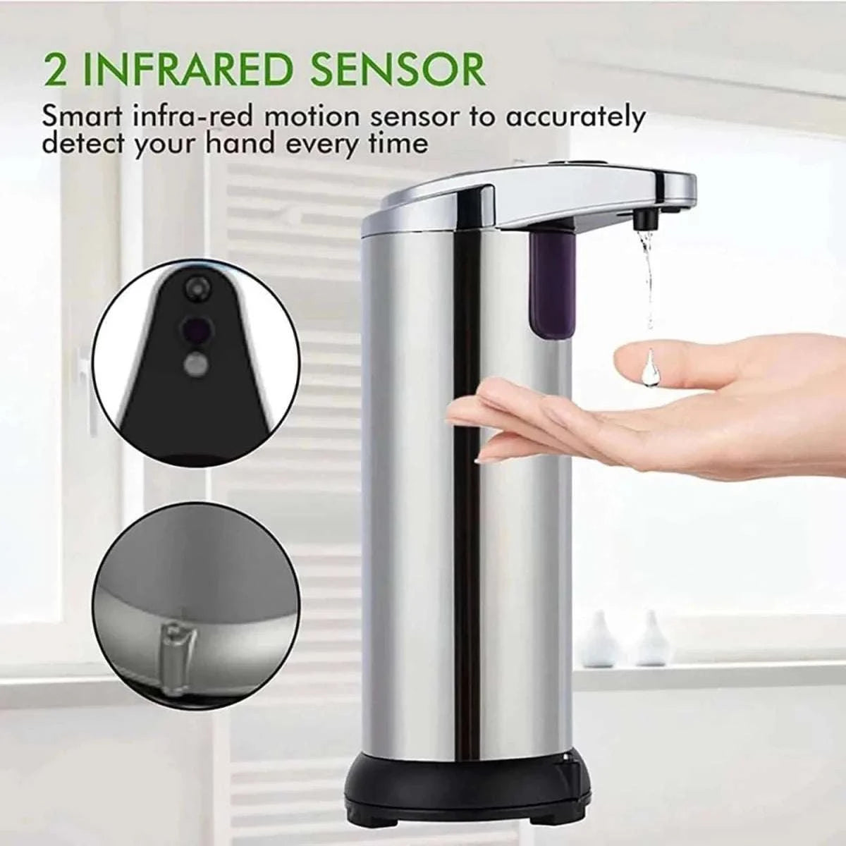Stainless steel automatic soap dispenser with infrared sensor top and black base
