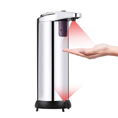 Stainless steel automatic soap dispenser with black base and front purple liquid window