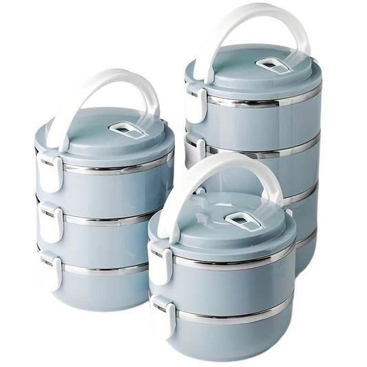 Light blue insulated bento lunch box set with 3 stackable tiers and carry handles