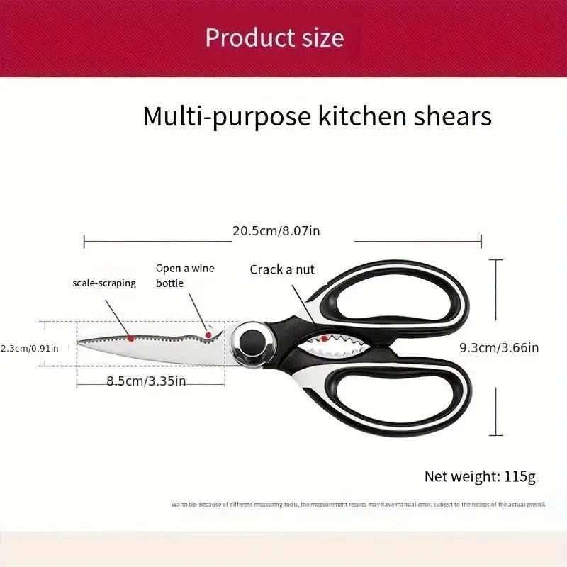 Multi-purpose kitchen scissors size diagram with measurements and 115g net weight