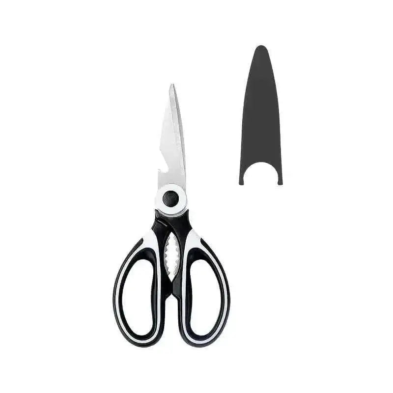 Kitchen scissors with straight and serrated blades, black-and-silver