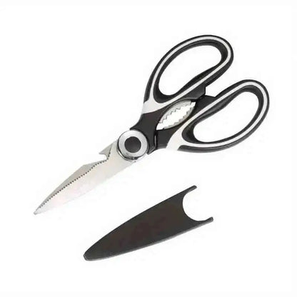 Multi-purpose kitchen scissors with two blades and serrated tool