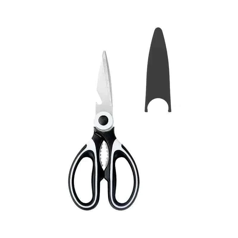 Kitchen scissors with straight and serrated blades, black-and-silver