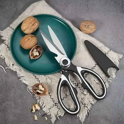 Kitchen scissors with bottle opener and serrated blade, black-and-silver