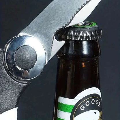 Bottle-opening kitchen scissors, stainless opener head with black handle loop