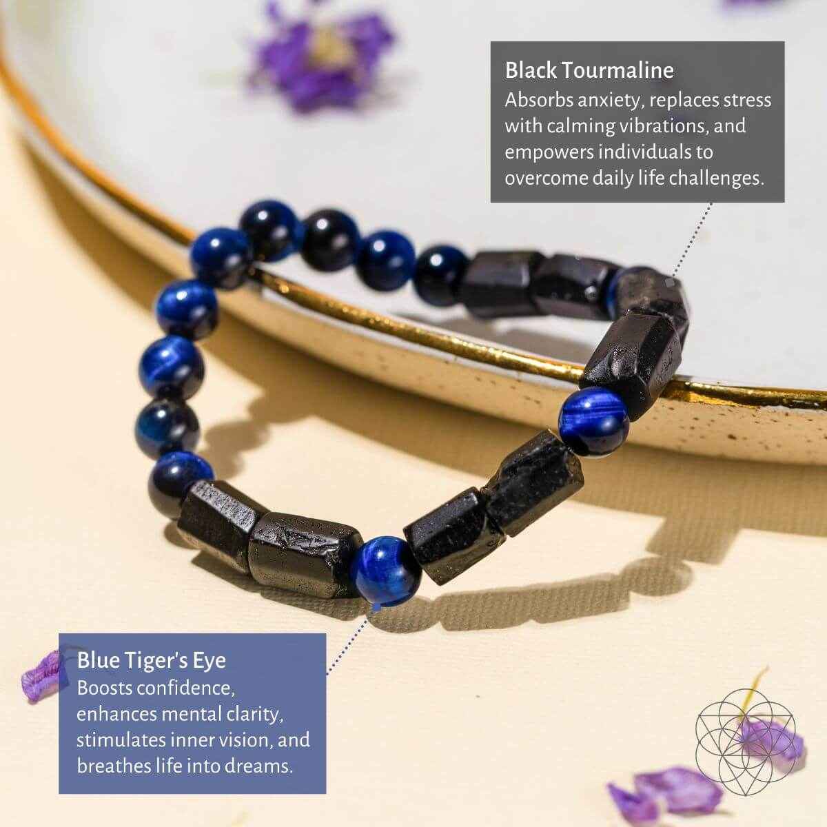 Blue-and-black beaded bracelet with blue stone beads and black rectangular blocks