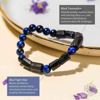 Blue-and-black beaded bracelet with blue stone beads and black rectangular blocks