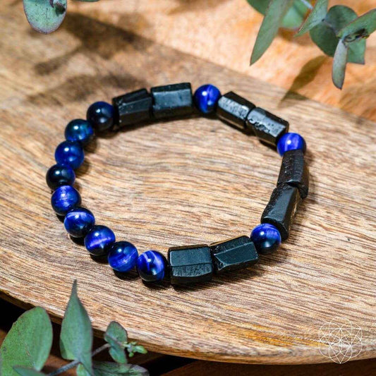 Blue and black beaded aura protection bracelet with rectangular stone spacers