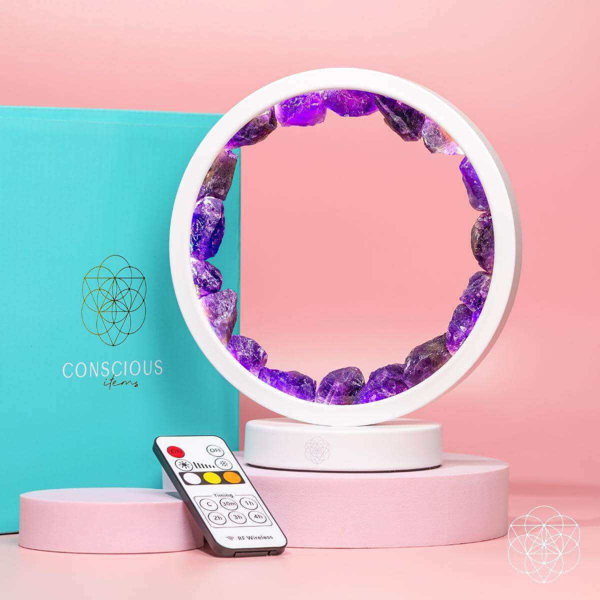 White amethyst healing lamp with purple crystal ring and included remote