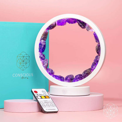 White amethyst healing lamp with purple crystal ring and included remote
