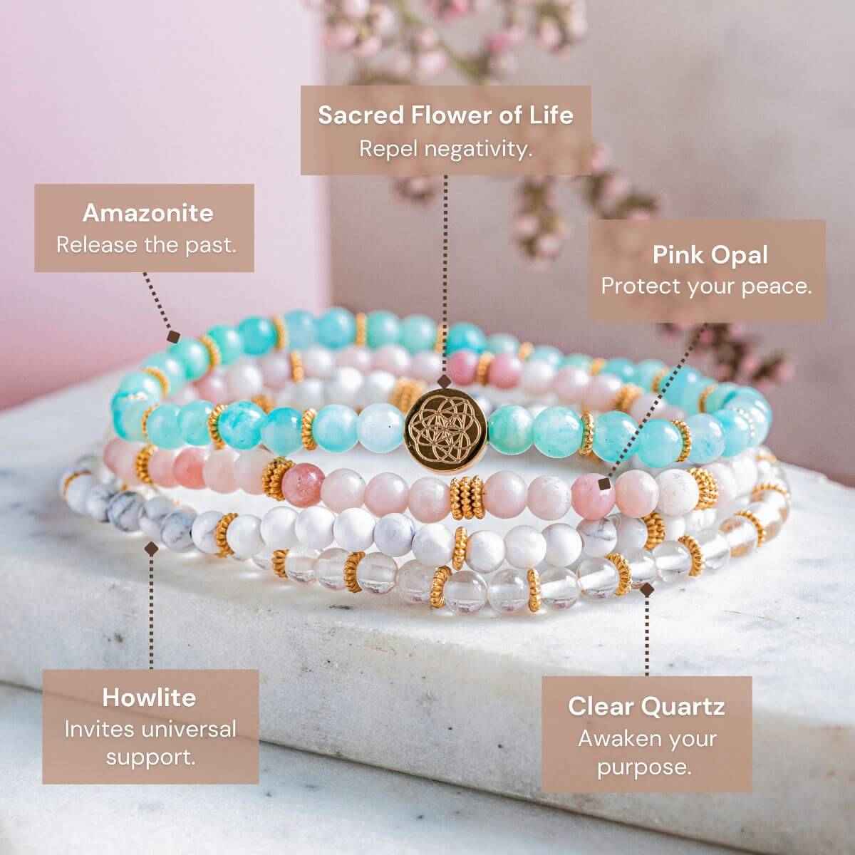 Stack of turquoise, white, and pink beaded bracelets with gold-toned flower charm