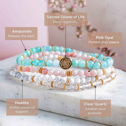 Stack of turquoise, white, and pink beaded bracelets with gold-toned flower charm