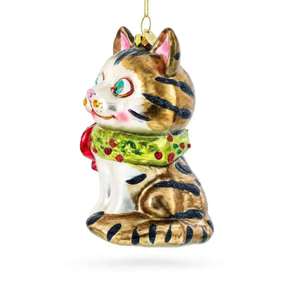 Striped Cat with Scarf Glass Christmas Ornament Cartsfy Inc.