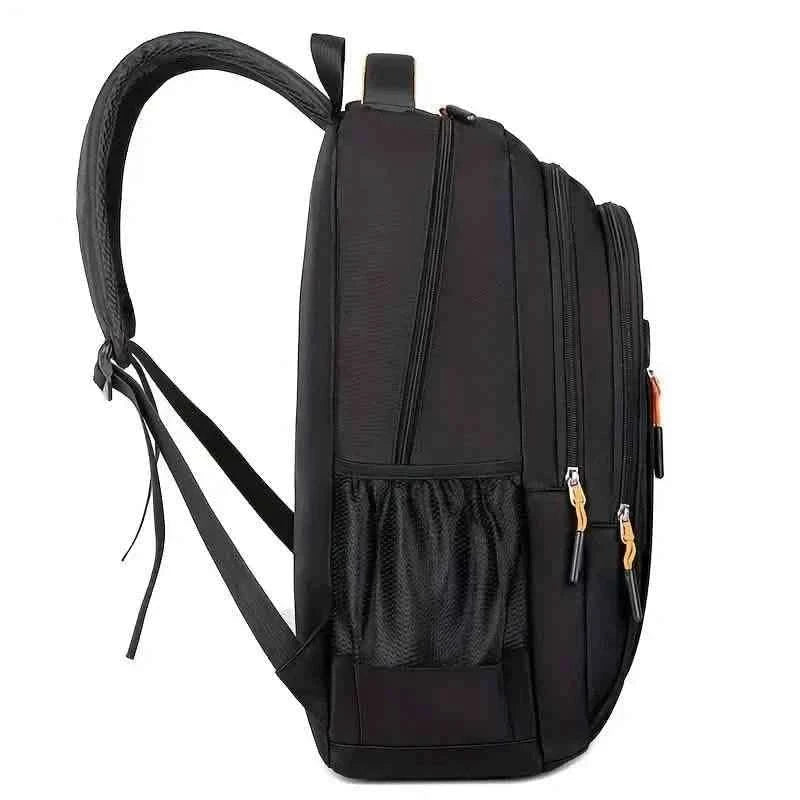 Black multi-pocket backpack shown from side with front flap and two vertical zip compartments
