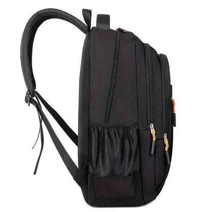 Black multi-pocket backpack shown from side with front flap and two vertical zip compartments