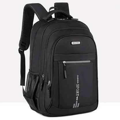 Black multi-pocket backpack with front zip pocket and side mesh panel, adjustable straps