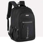 Black multi-pocket backpack with front zip pocket and side mesh panel, adjustable straps