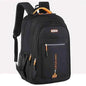 Black multi-pocket backpack with front zip pocket and orange accents, padded back and straps