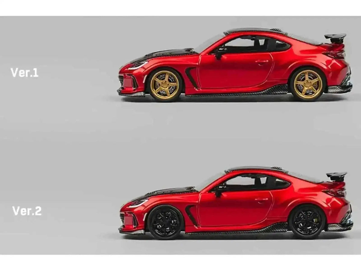 Subaru BRZ Varis Arising-1 RHD (Right Hand Drive) Red Metallic with Carbon Hood and Top and Extra Wheels 1/64 Diecast Model Car by CM Model Cartsfy Inc.