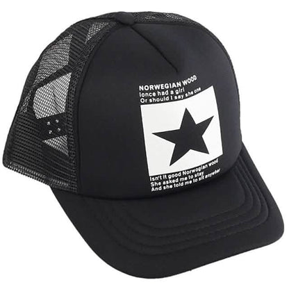 Unisex baseball cap, black front panel with star graphic and black mesh crown