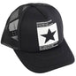 Unisex baseball cap, black front panel with star graphic and black mesh crown