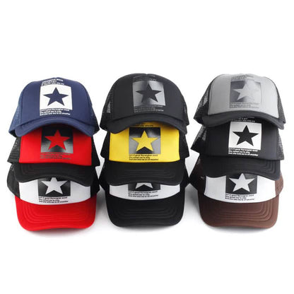 Three unisex baseball caps with star front panels: blue/red brim, black/yellow brim, white/brown brim
